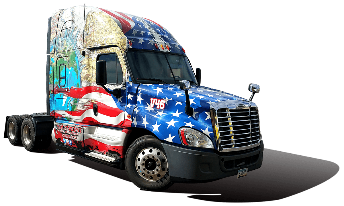 Semi truck — Freightliner semi in American-flag/Statue-of-Liberty printed wrap (Got Wrap).